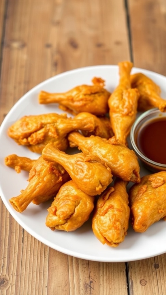 Crispy air fryer chicken gizzards served with dipping sauce on a rustic table.